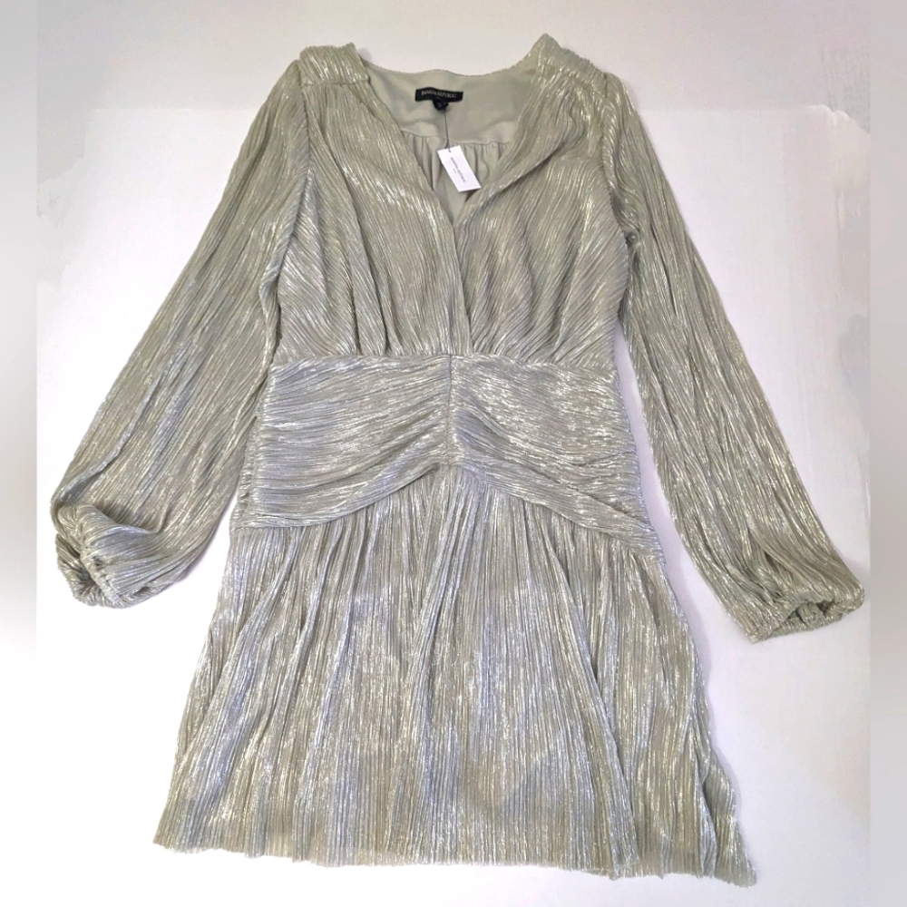 Banana Republic Metallic Draped Mini Silver Dress Balloon Sleeve 4 TALL NWT